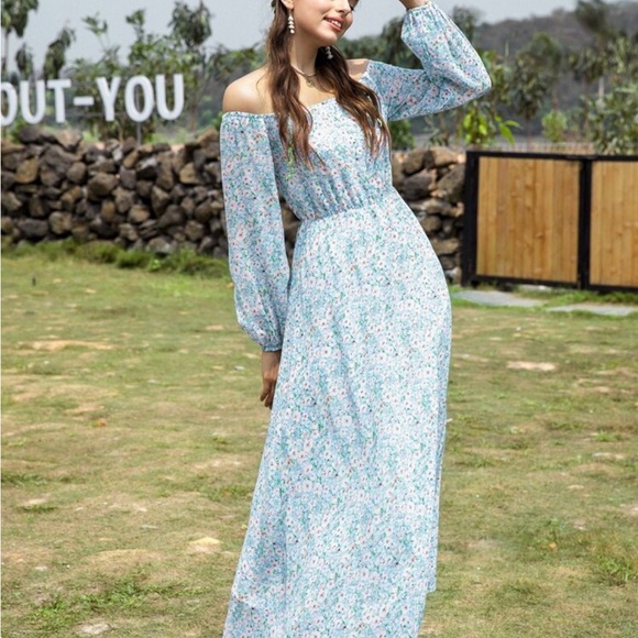 SHEIN Blue Floral Long Sleeve Maxi Dress - Picture 1 of 5